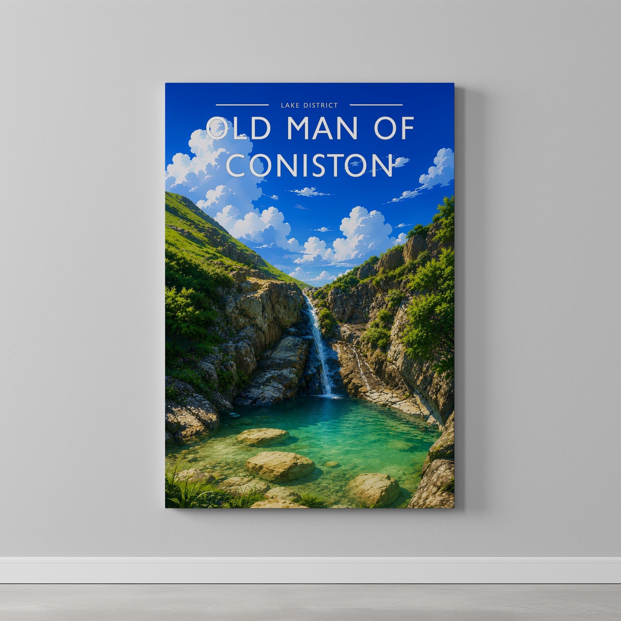 Old Man of Coniston Travel Poster as a gallery-wrapped canvas on a plain wall
