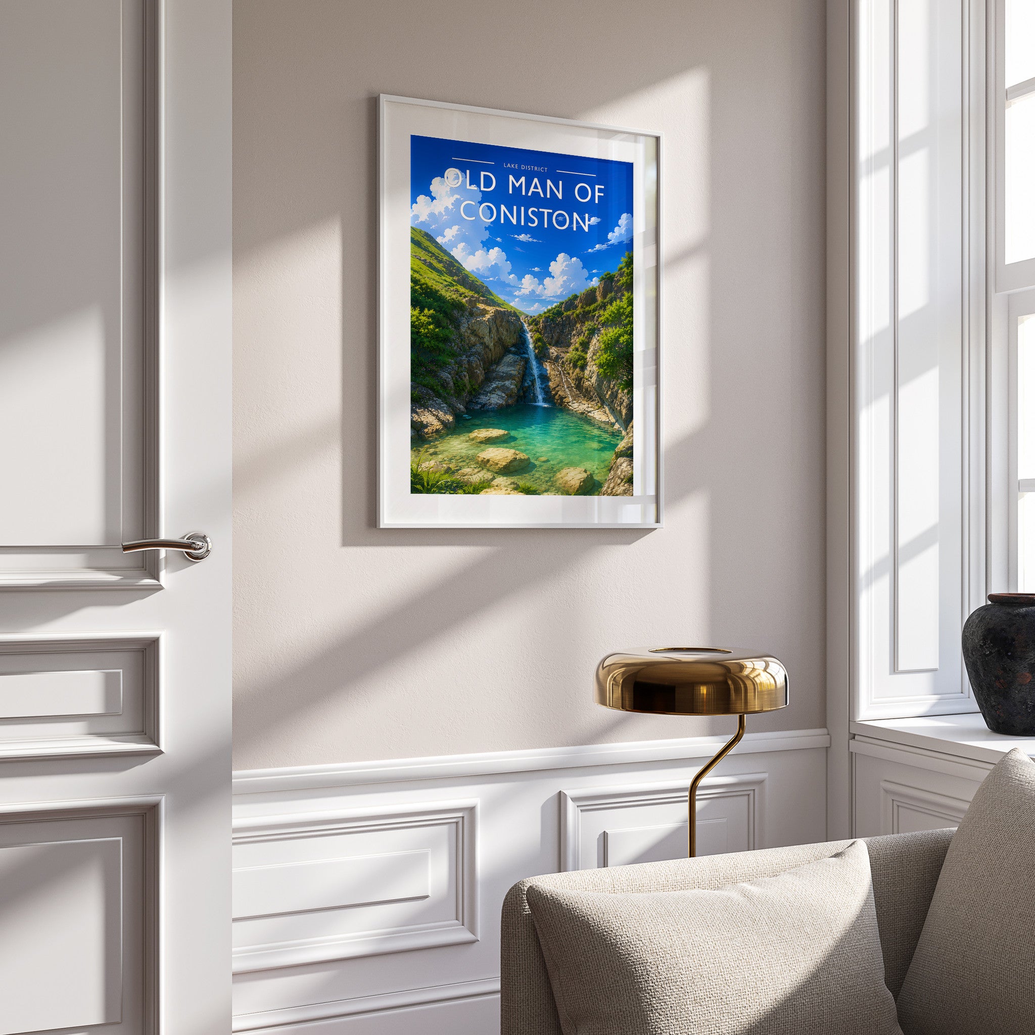 Old Man of Coniston Travel Poster in a white frame on a panelled wall