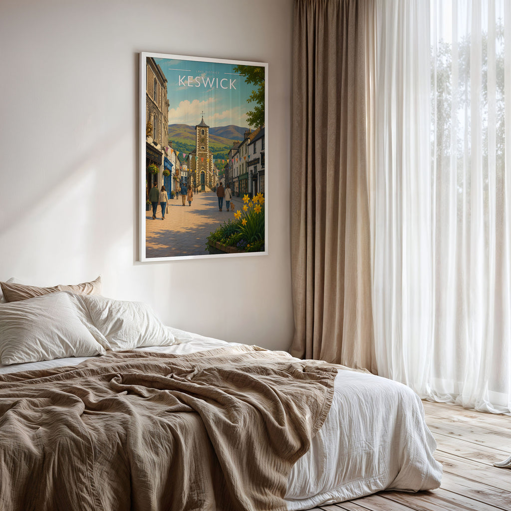 Keswick #2 Travel Poster framed on a bedroom wall