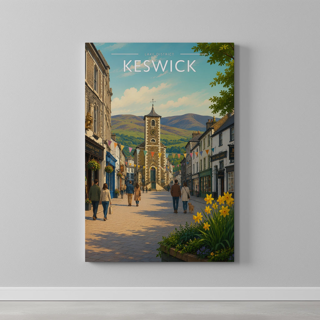 Keswick #2 Travel Poster as a gallery-wrapped canvas on a plain wall