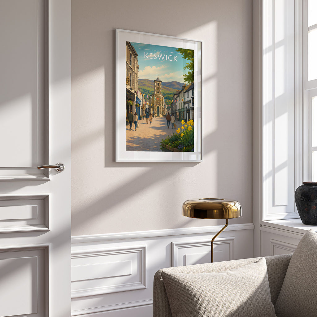 Keswick #2 Travel Poster in a white frame on a panelled wall