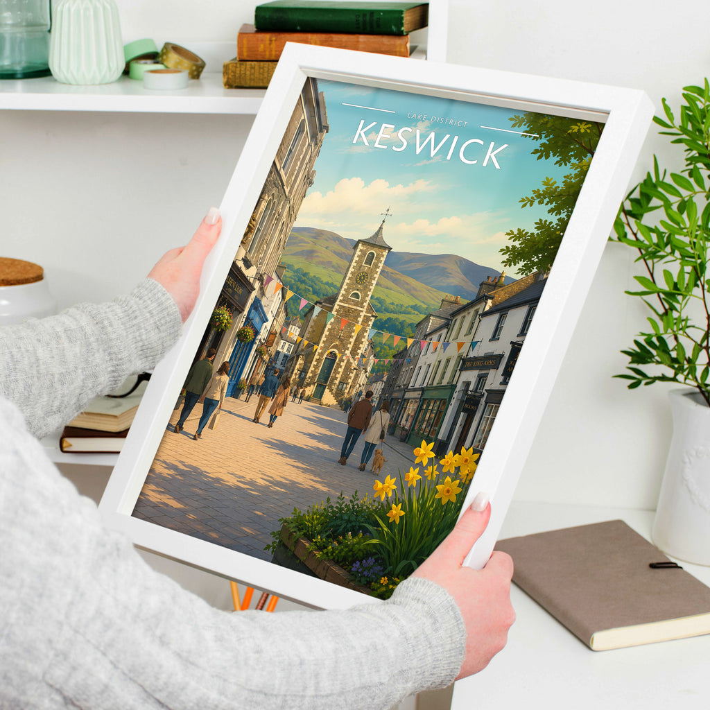 Keswick #2 Travel Poster in a white frame, held to show scale