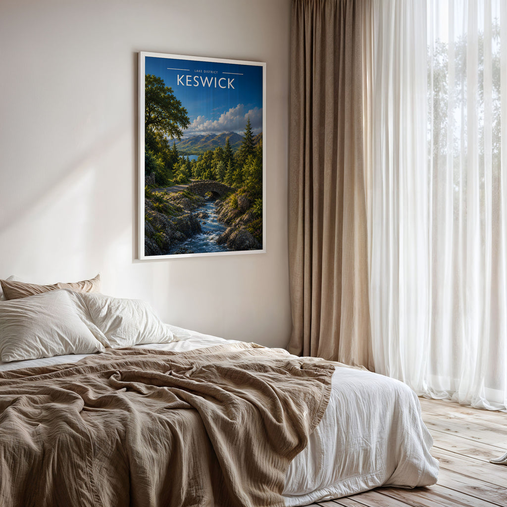 Keswick #3 Travel Poster framed on a bedroom wall