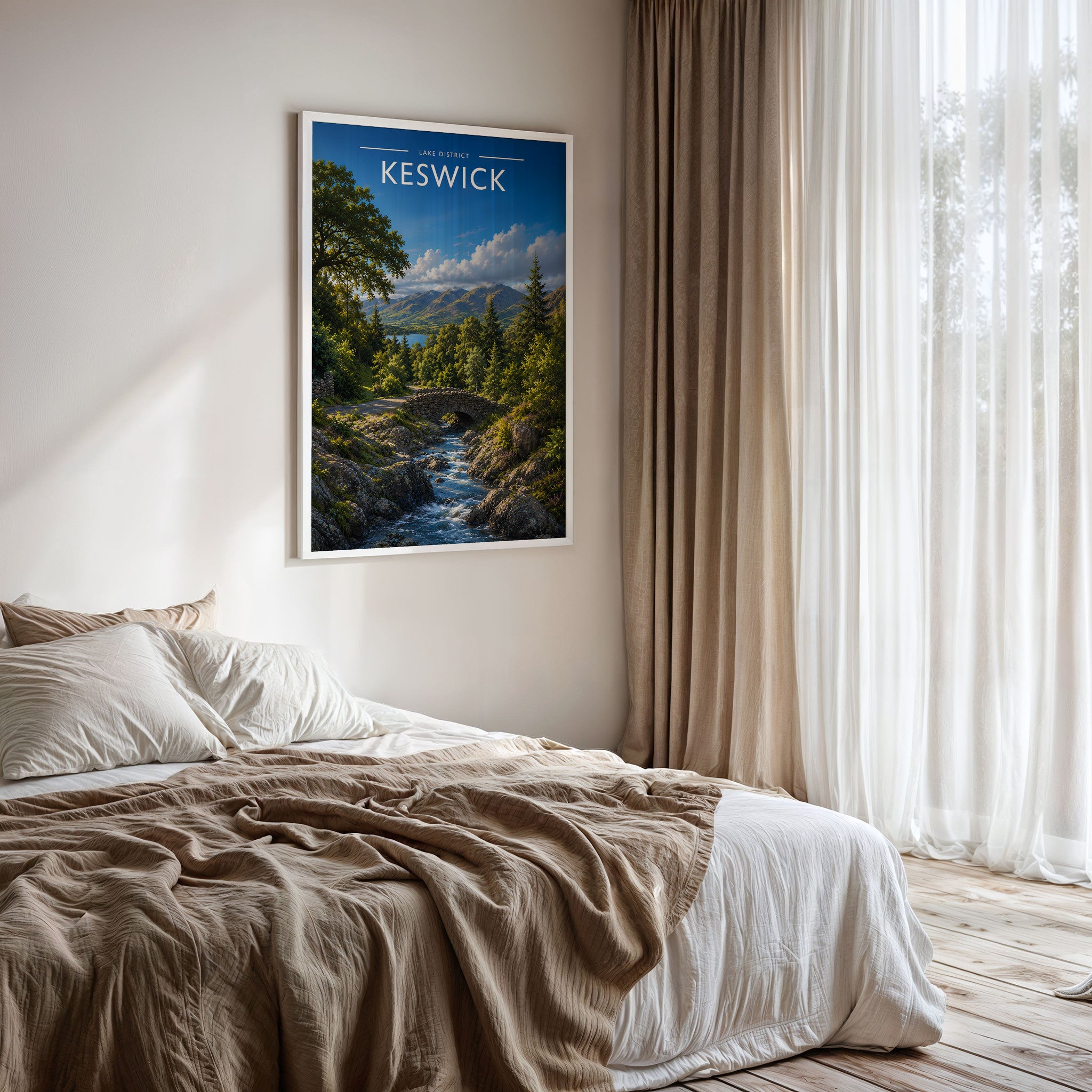 Keswick #3 Travel Poster framed on a bedroom wall