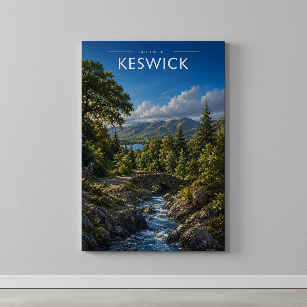 Keswick #3 Travel Poster as a gallery-wrapped canvas on a plain wall