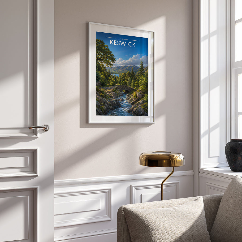 Keswick #3 Travel Poster in a white frame on a panelled wall