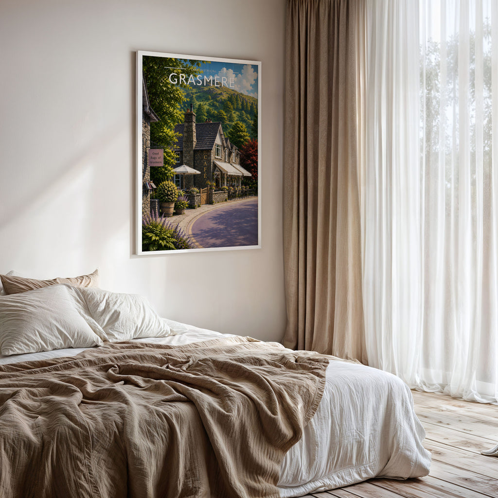 Grasmere Travel Poster framed on a bedroom wall