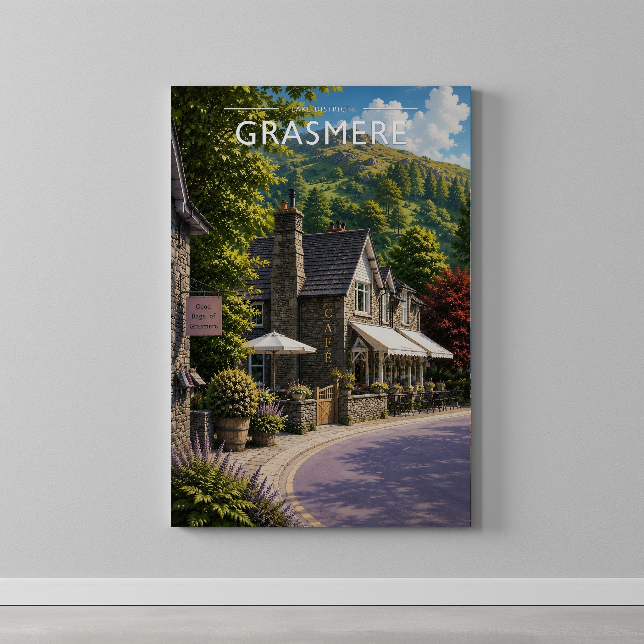 Grasmere Travel Poster as a gallery-wrapped canvas on a plain wall