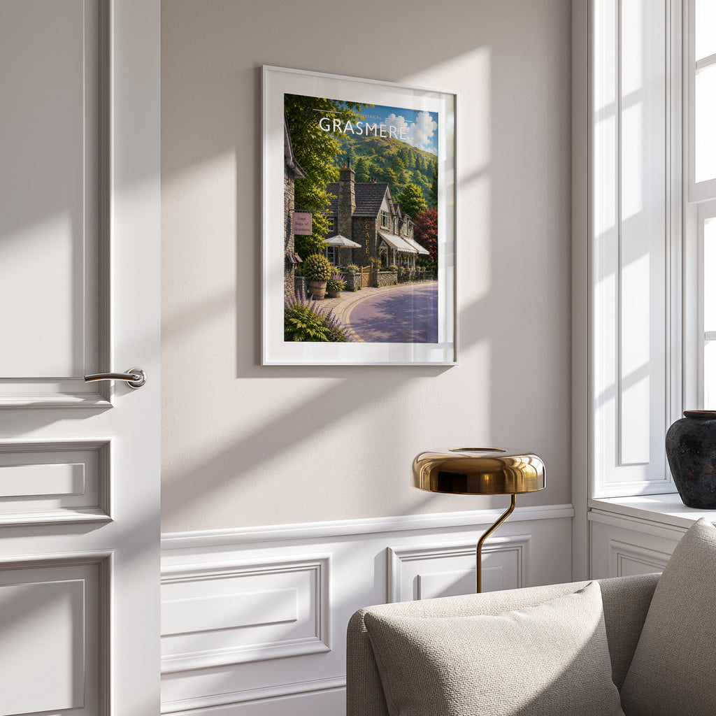 Grasmere Travel Poster in a white frame on a panelled wall