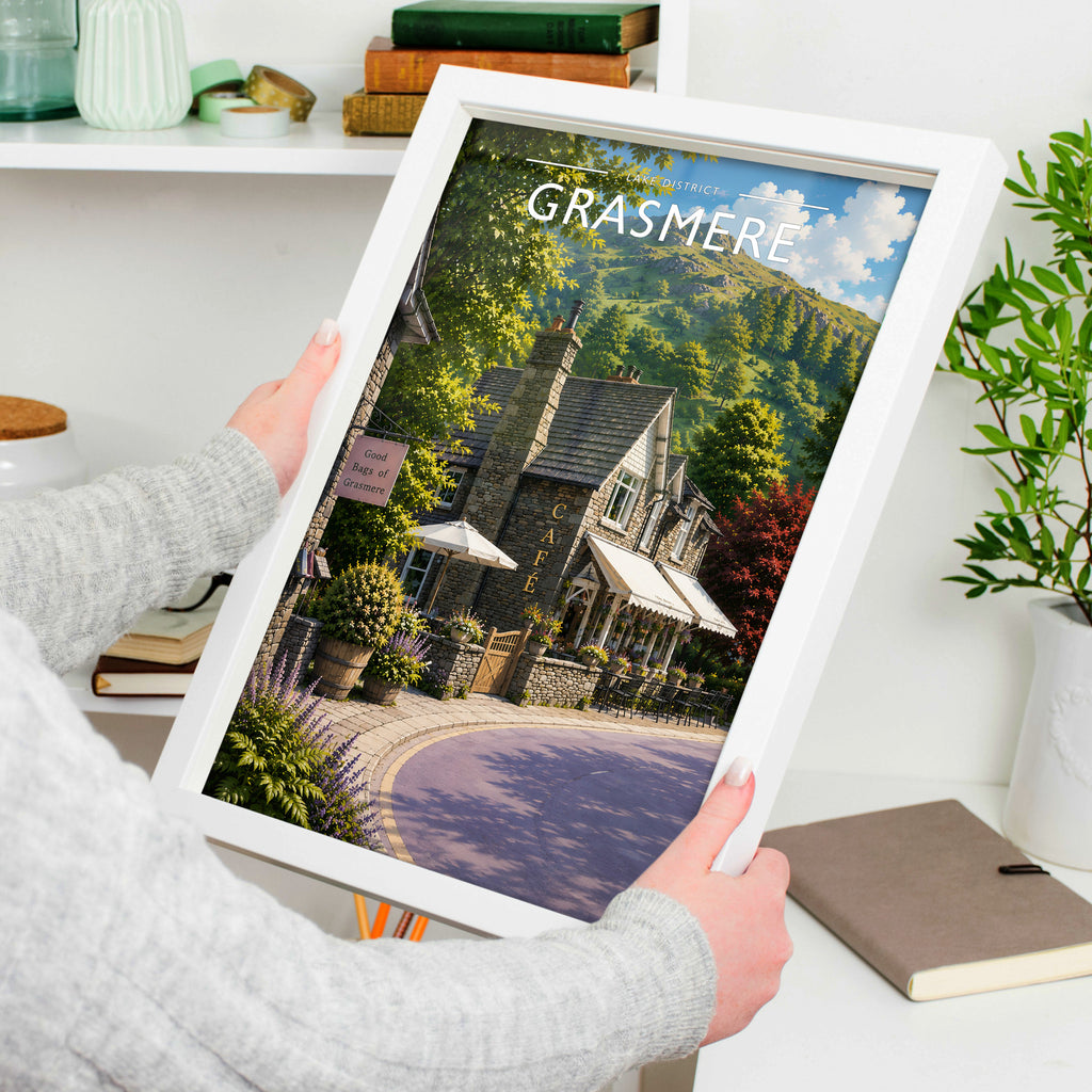 Grasmere Travel Poster in a white frame, held to show scale