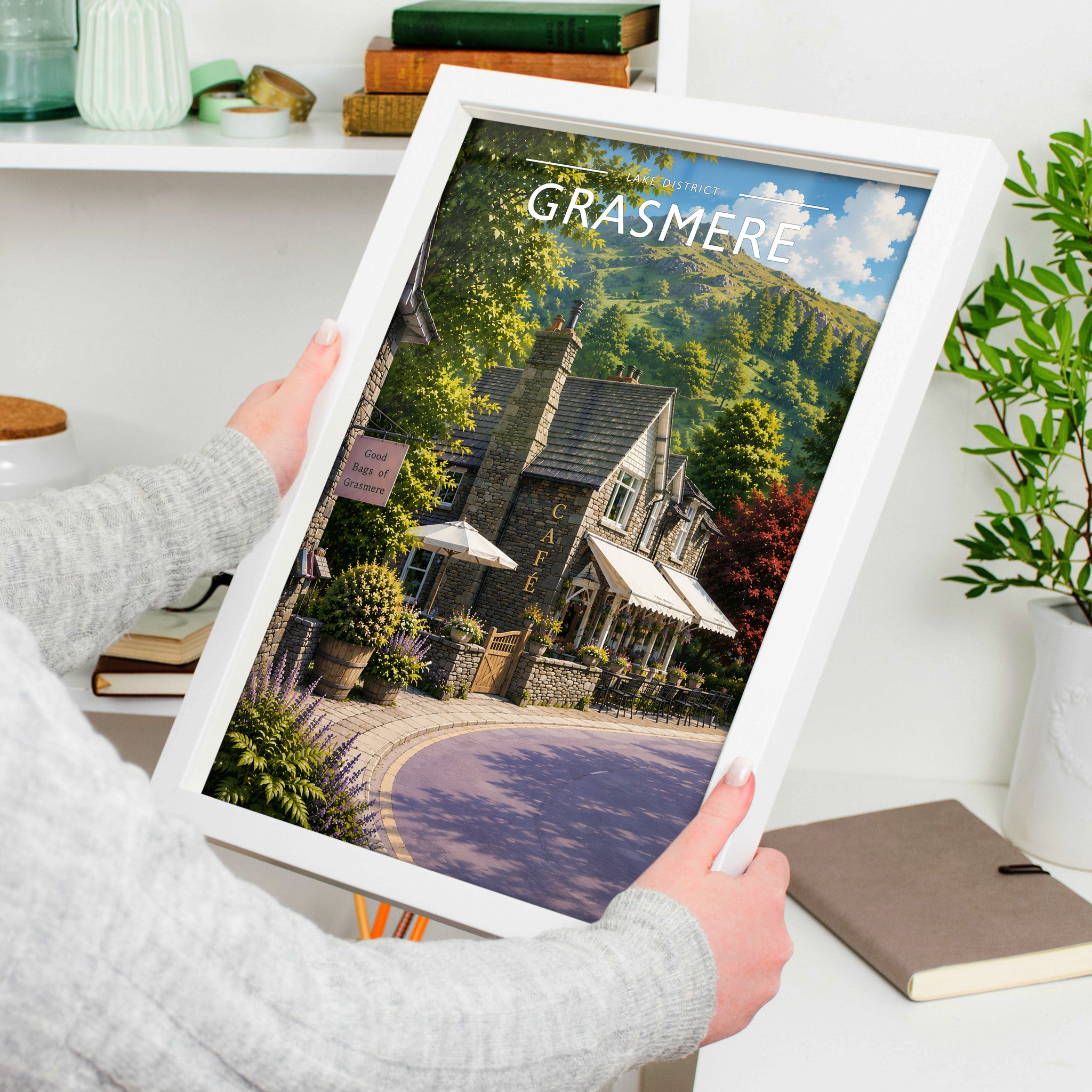 Grasmere Travel Poster in a white frame, held to show scale