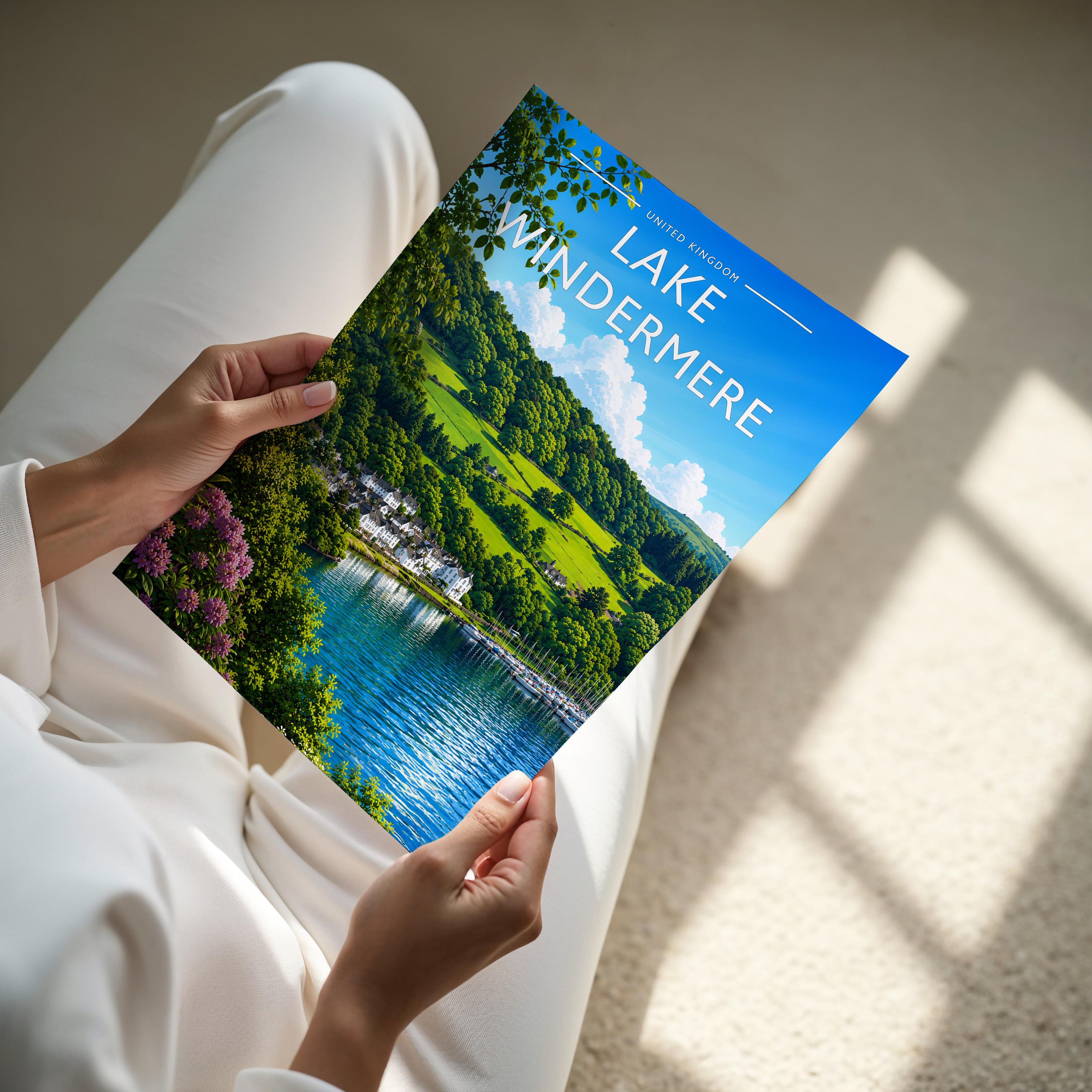 Lake Windermere Travel Poster - A4 print held in hand
