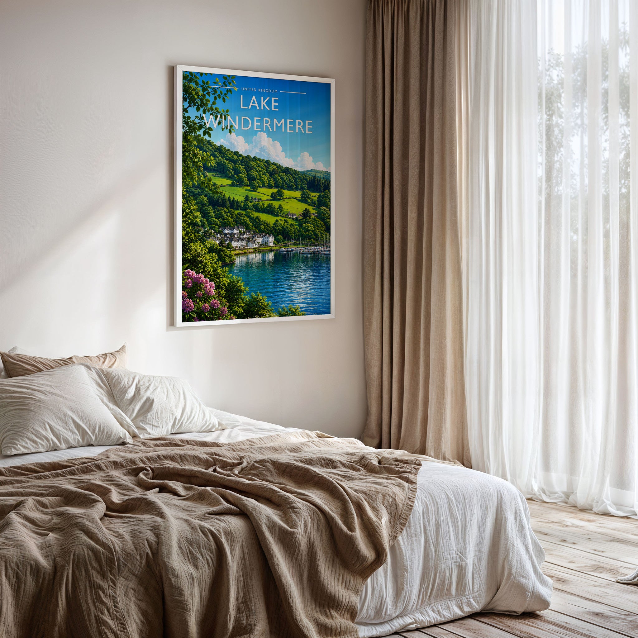 Lake Windermere Travel Poster framed on a bedroom wall
