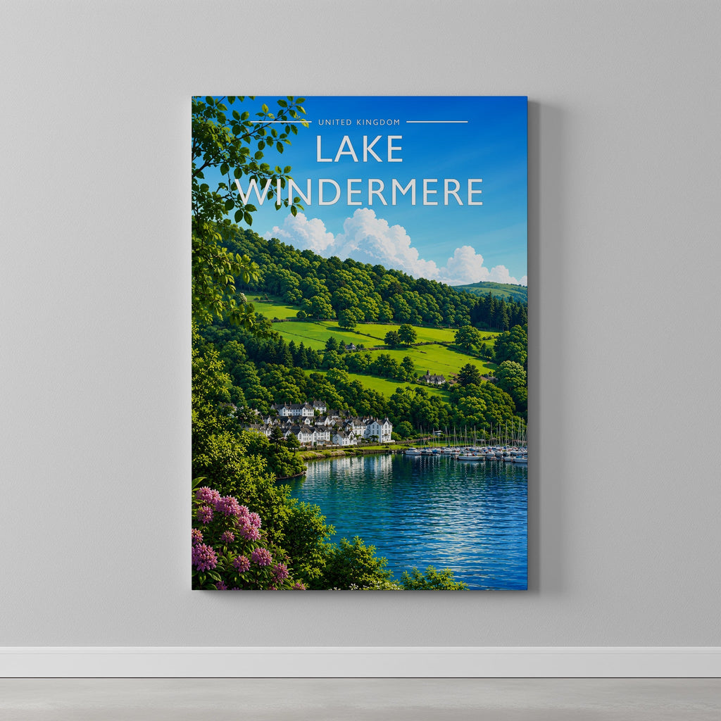 Lake Windermere Travel Poster as a gallery-wrapped canvas on a plain wall