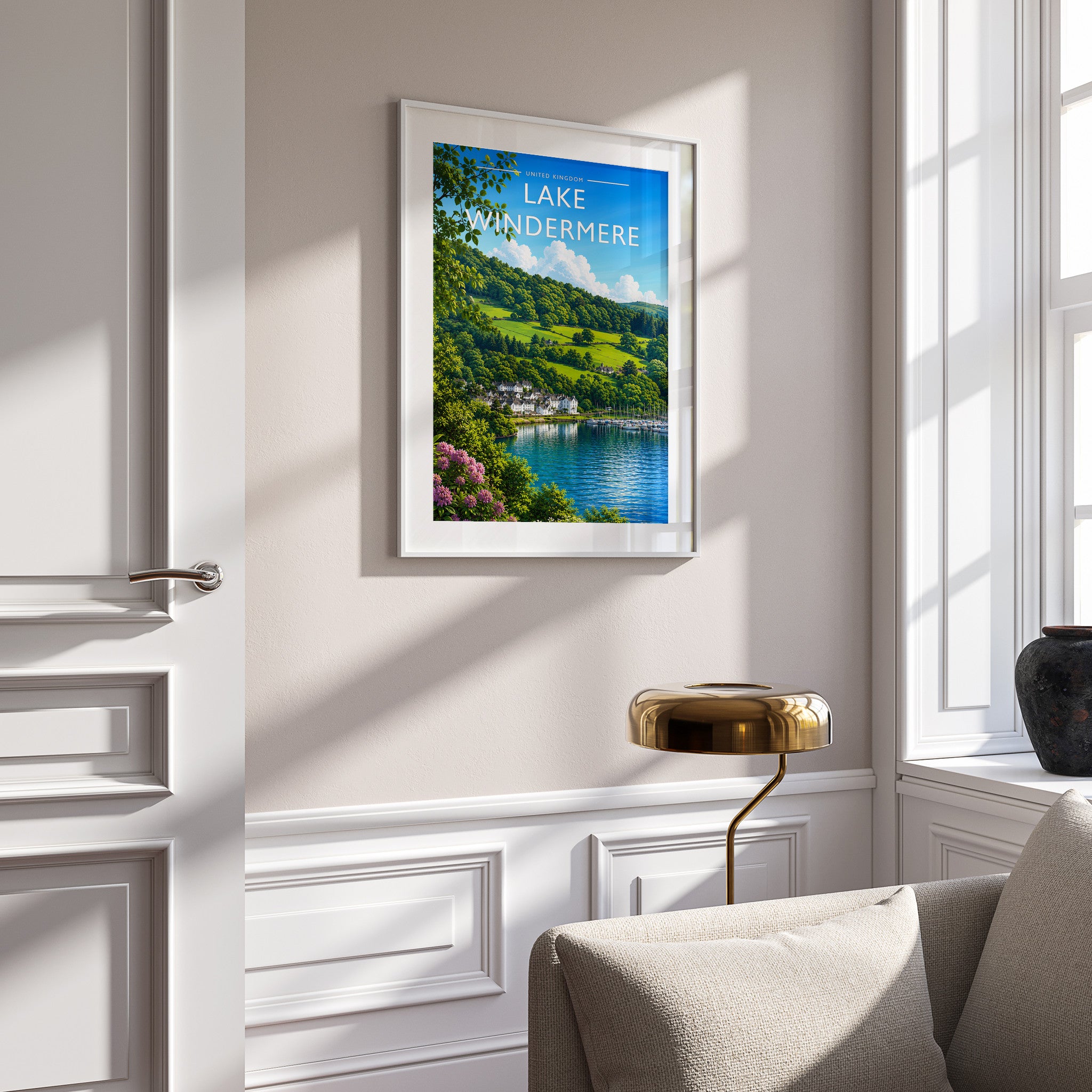 Lake Windermere Travel Poster in a white frame on a panelled wall