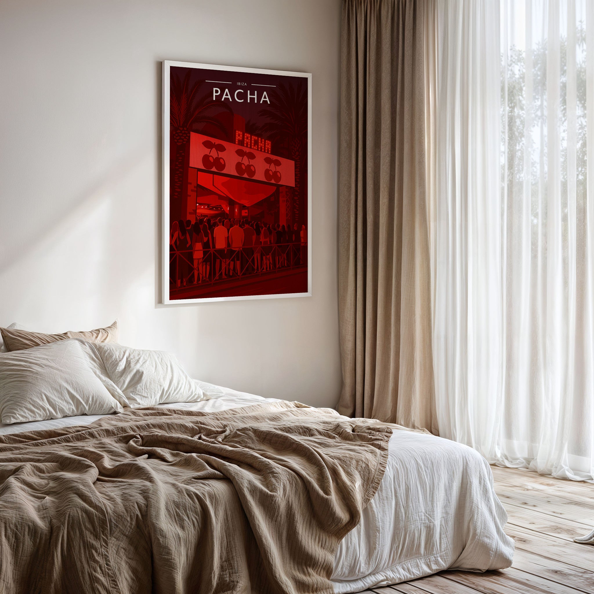 Ibiza #7 Travel Poster framed on a bedroom wall