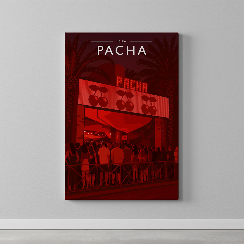Ibiza #7 Travel Poster as a gallery-wrapped canvas on a plain wall