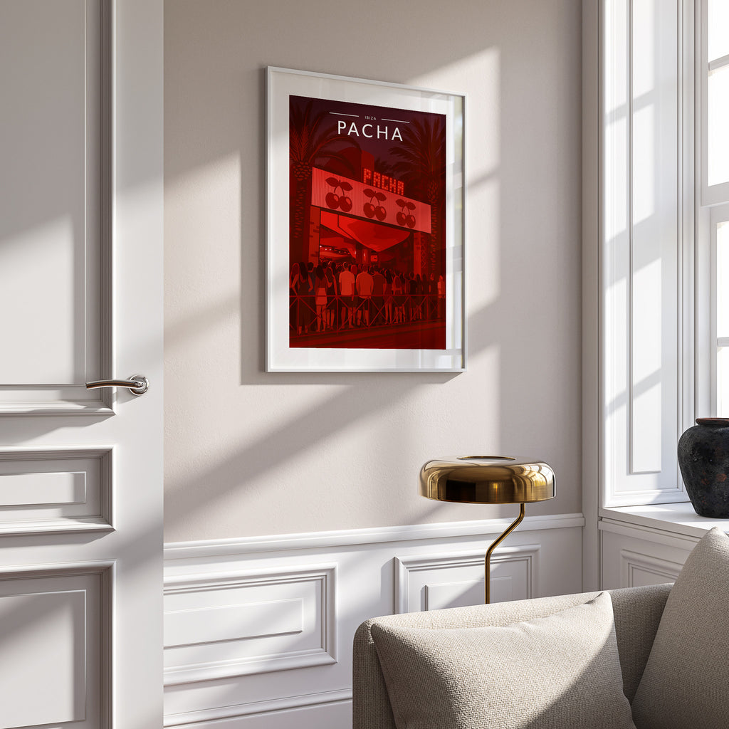 Ibiza #7 Travel Poster in a white frame on a panelled wall