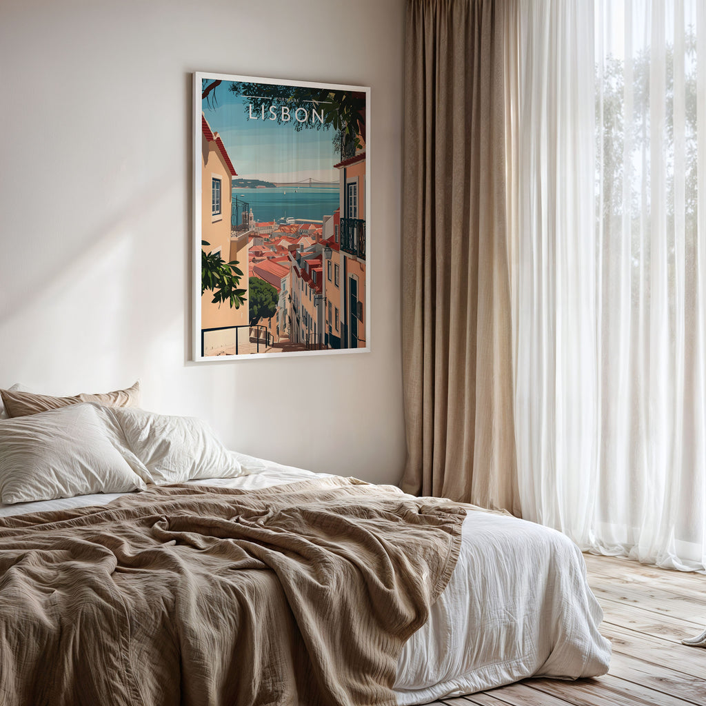 Lisbon Travel Poster framed on a bedroom wall