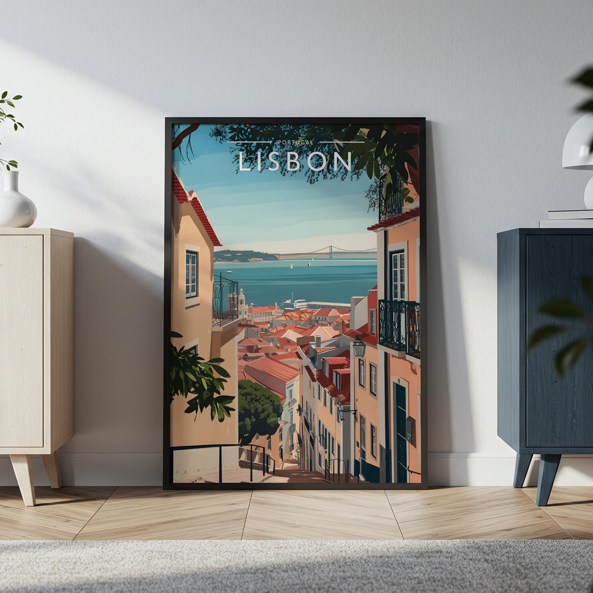 Lisbon Travel Poster in a black frame