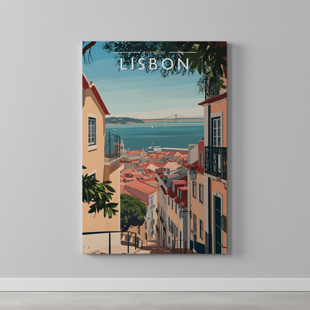 Lisbon Travel Poster as a gallery-wrapped canvas on a plain wall