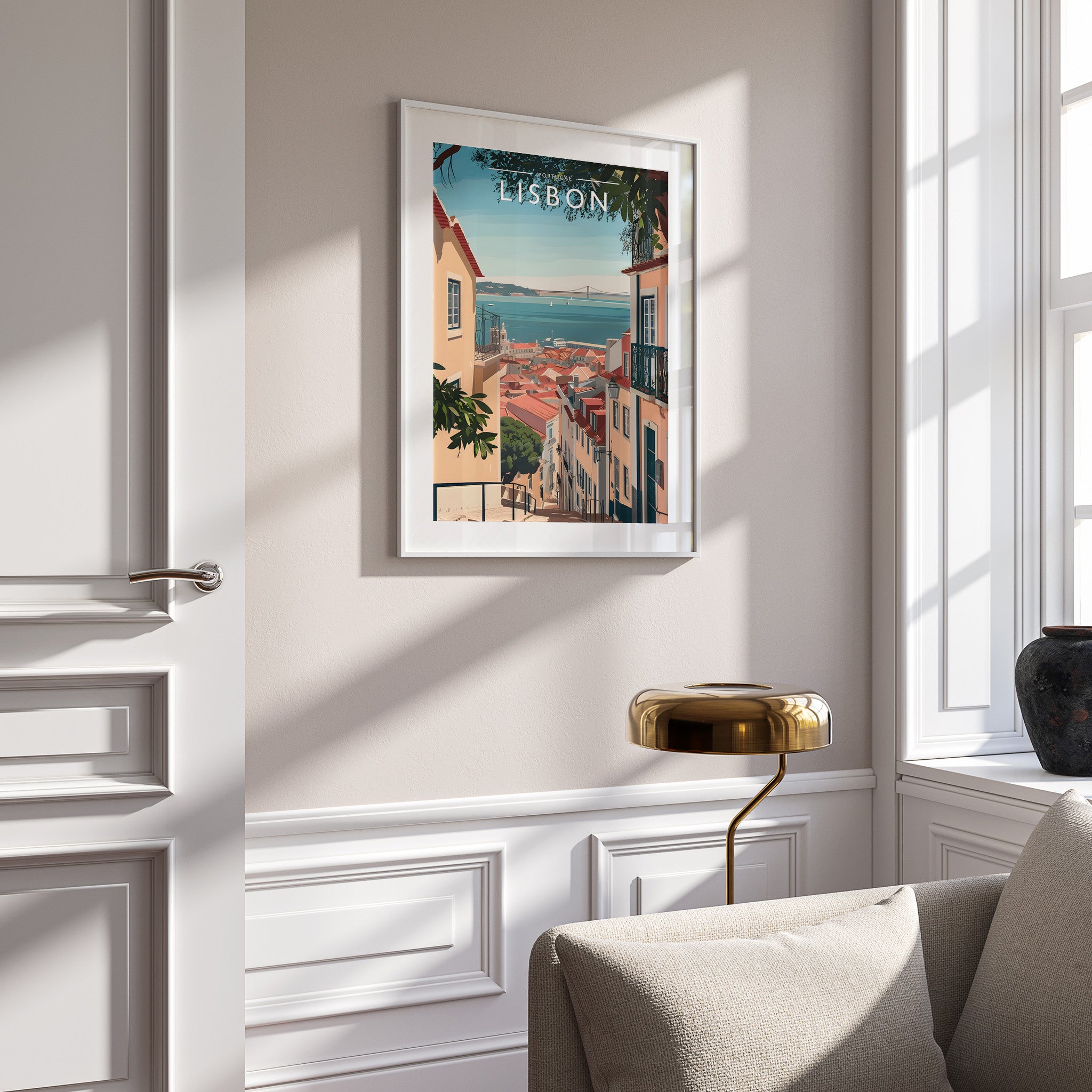 Lisbon Travel Poster in a white frame on a panelled wall