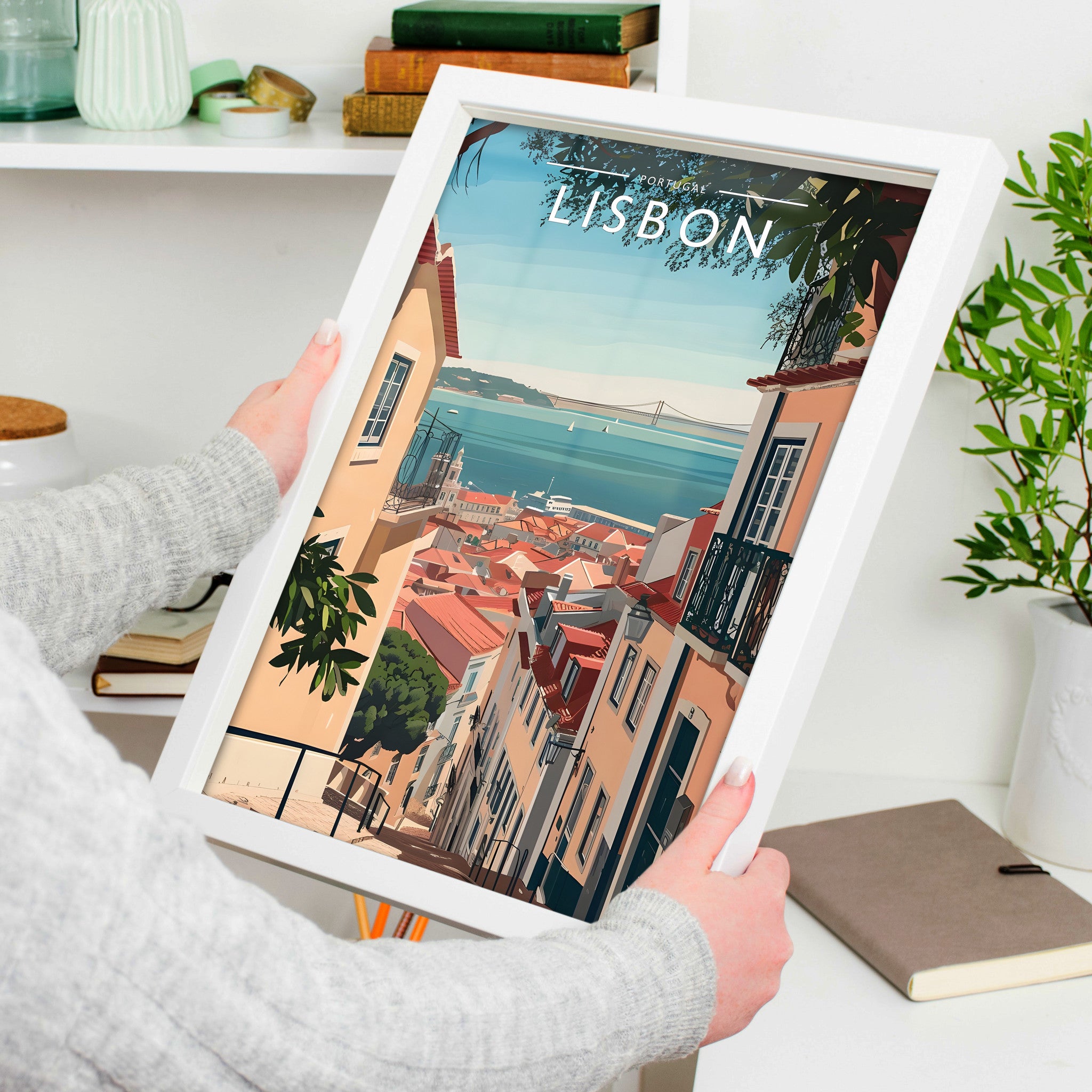 Lisbon Travel Poster in a white frame, held to show scale