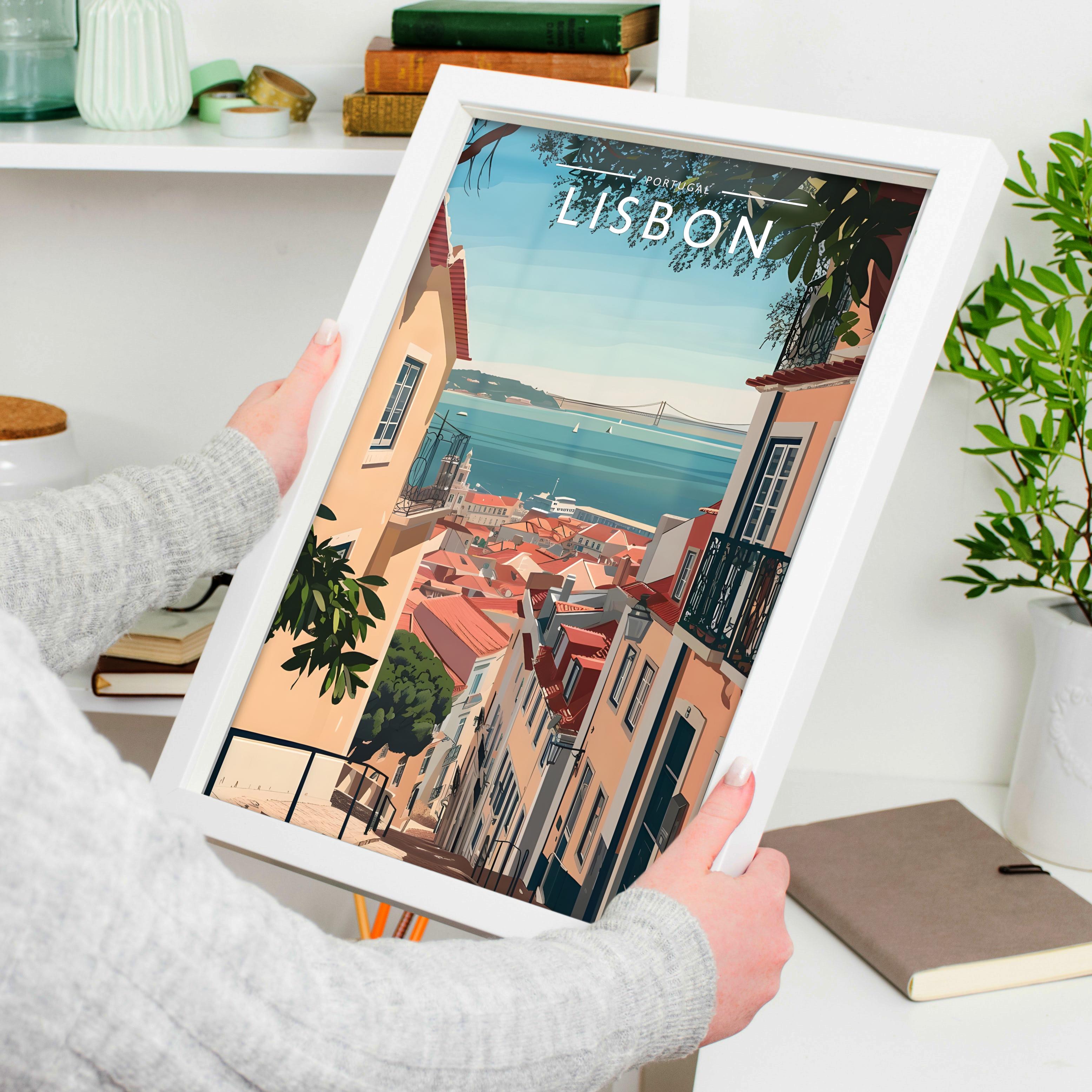 Lisbon Travel Poster held in a white frame