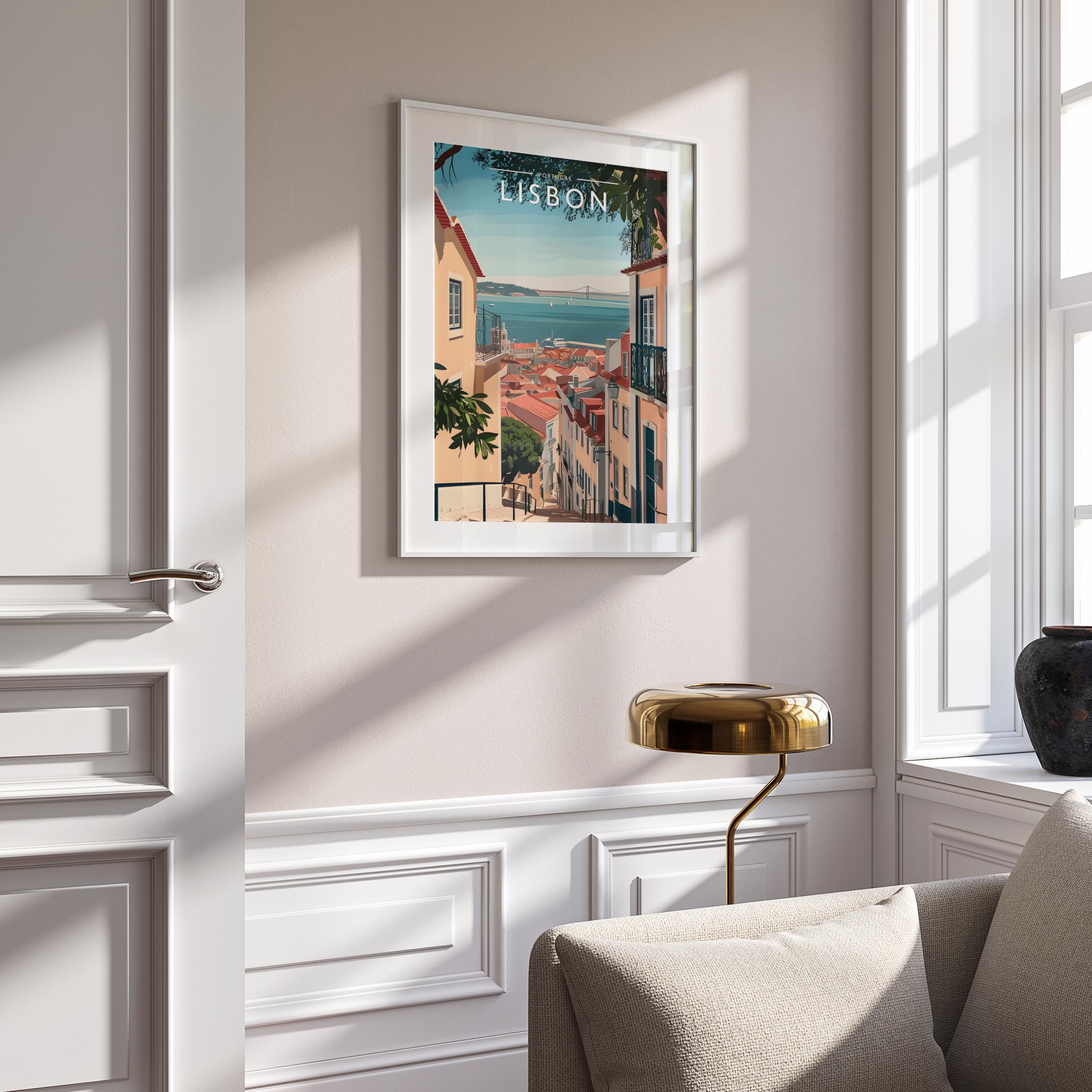 Lisbon Travel Poster mounted in a white frame