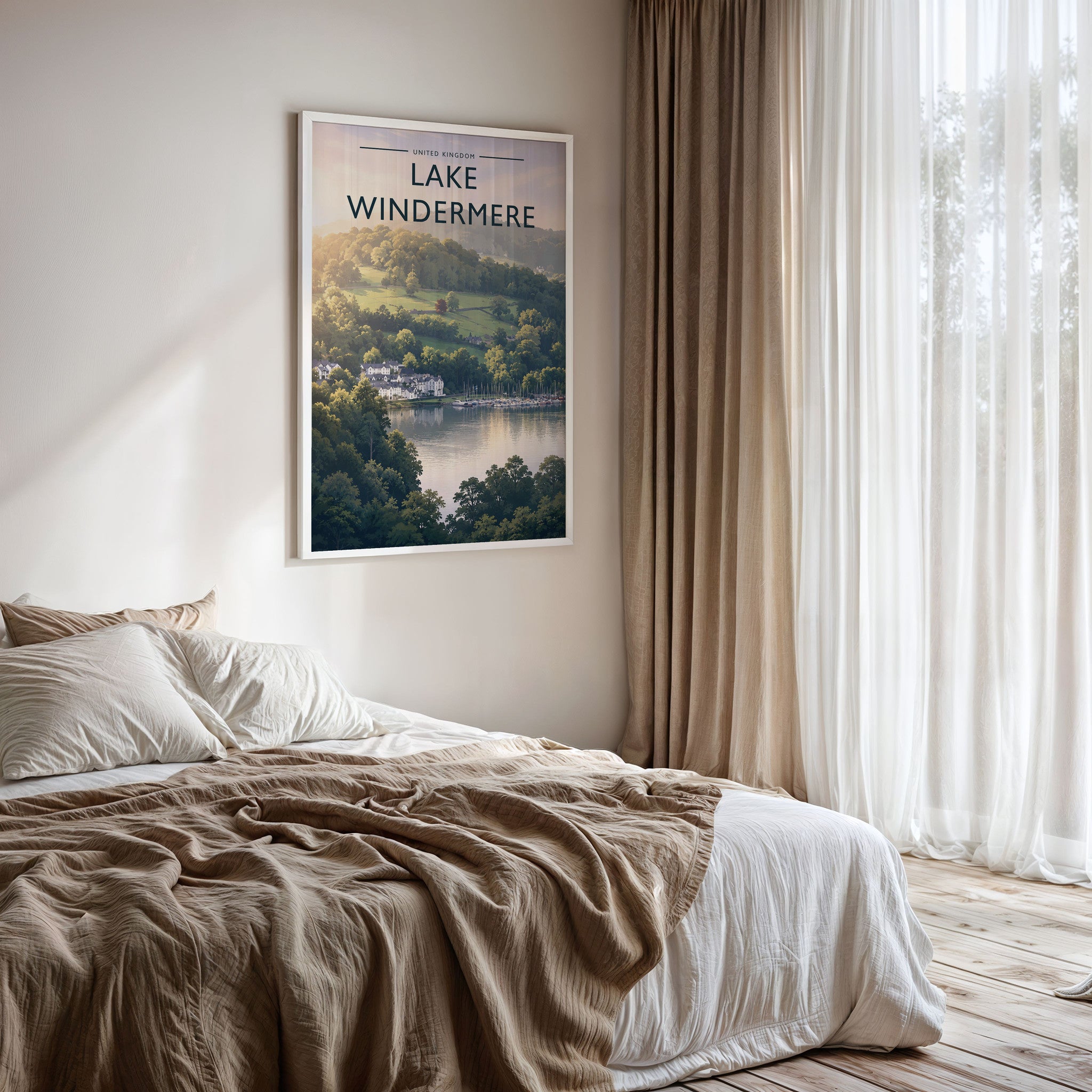 Lake Windermere #2 Travel Poster framed on a bedroom wall