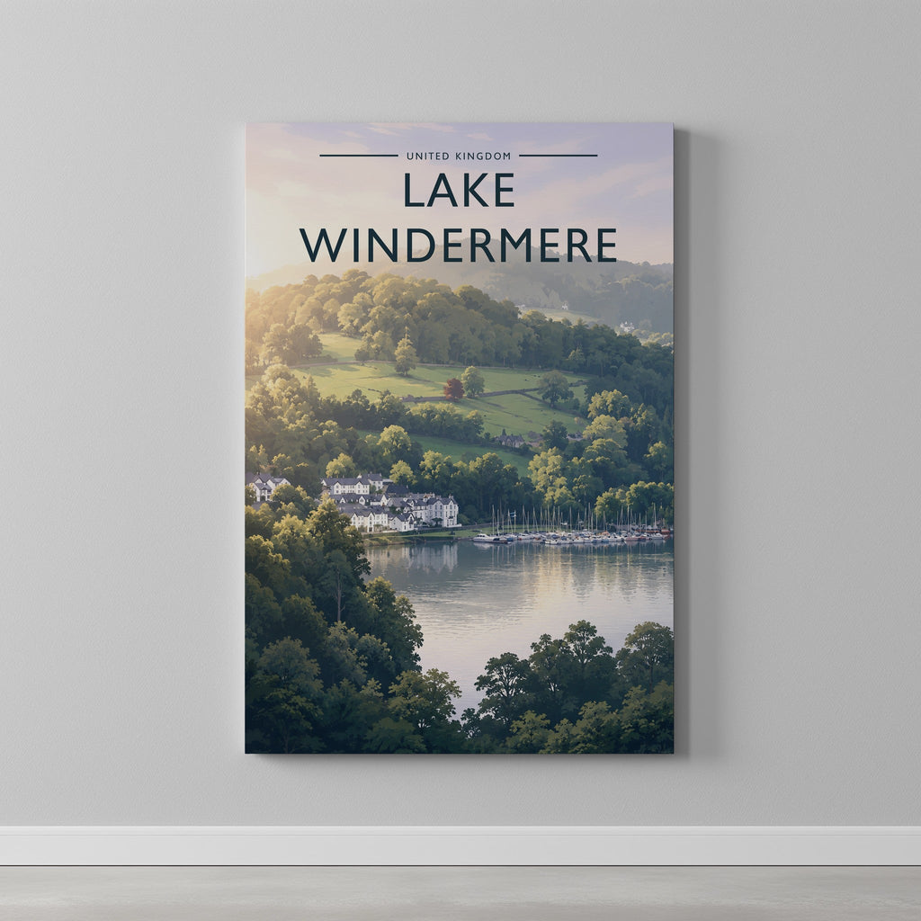 Lake Windermere #2 Travel Poster as a gallery-wrapped canvas on a plain wall