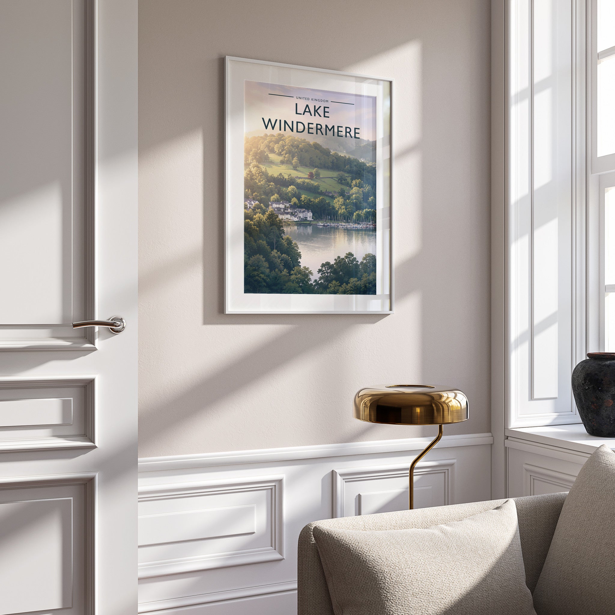 Lake Windermere #2 Travel Poster in a white frame on a panelled wall