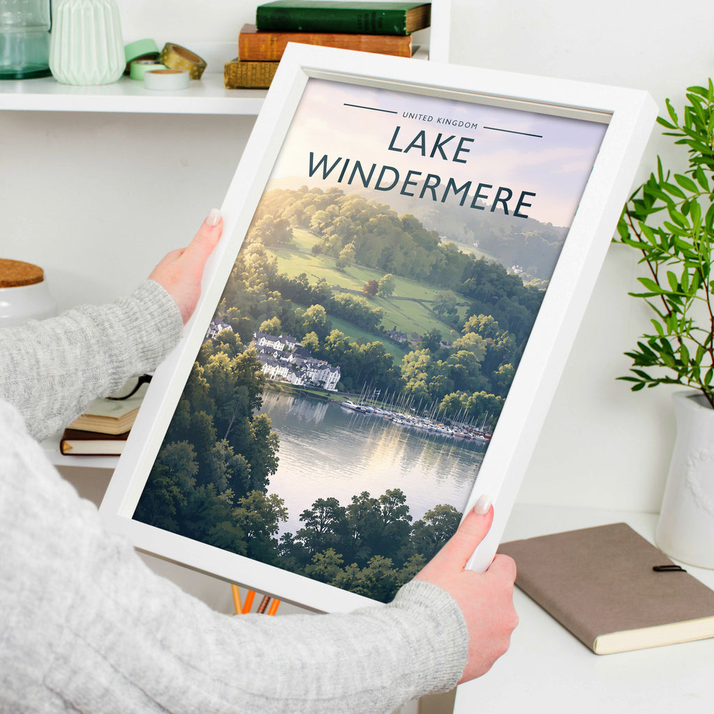 Lake Windermere #2 Travel Poster in a white frame, held to show scale