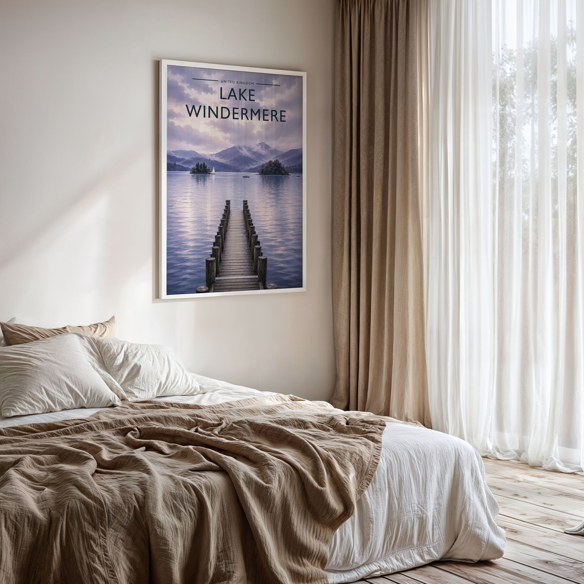 Lake Windermere #3 Travel Poster framed on a bedroom wall