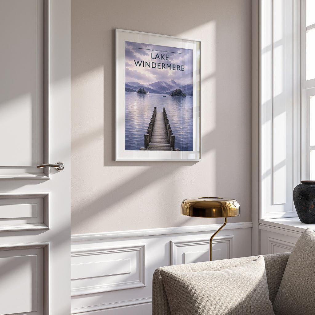 Lake Windermere #3 Travel Poster in a white frame on a panelled wall