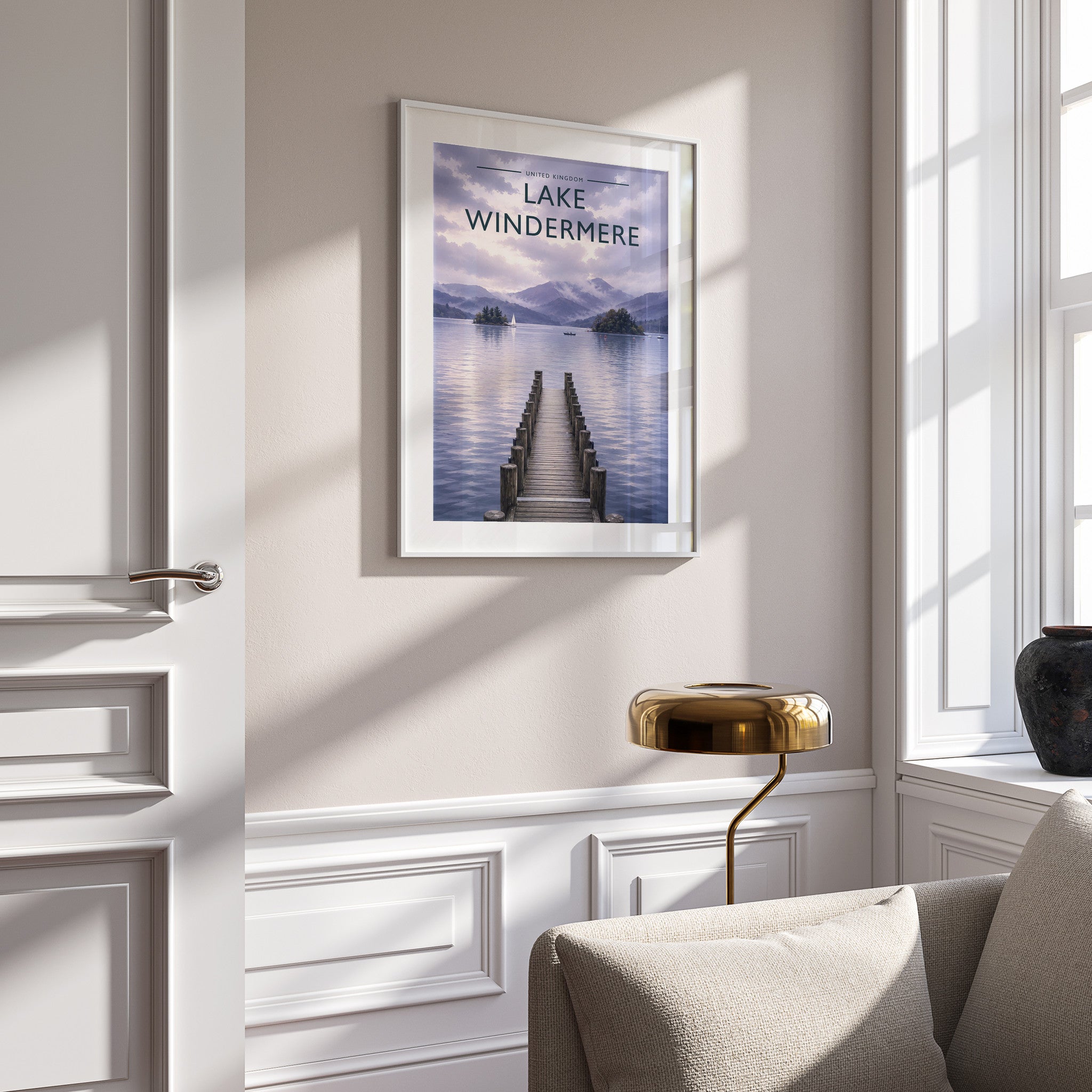Lake Windermere #3 Travel Poster in a white frame on a panelled wall