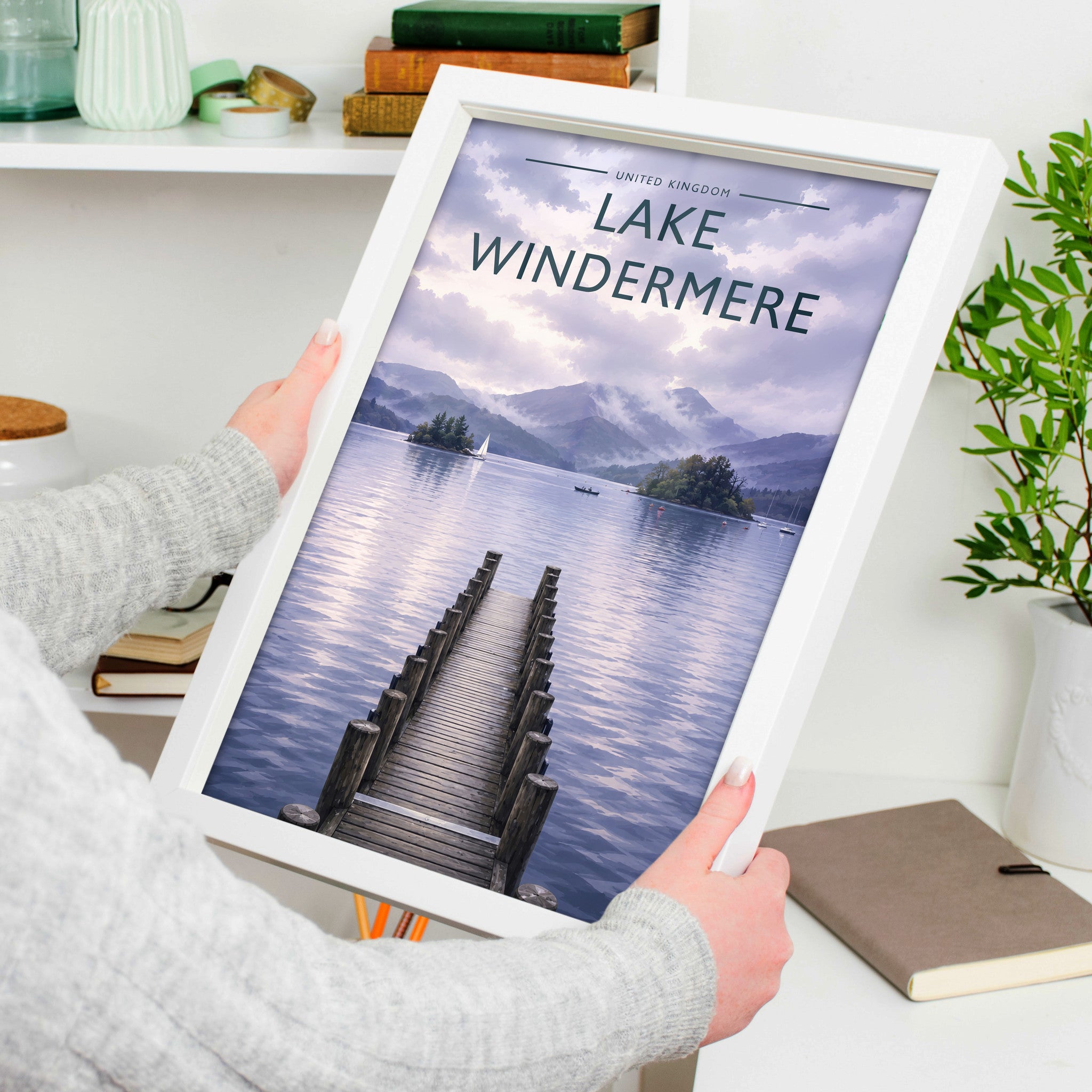 Lake Windermere #3 Travel Poster in a white frame, held to show scale