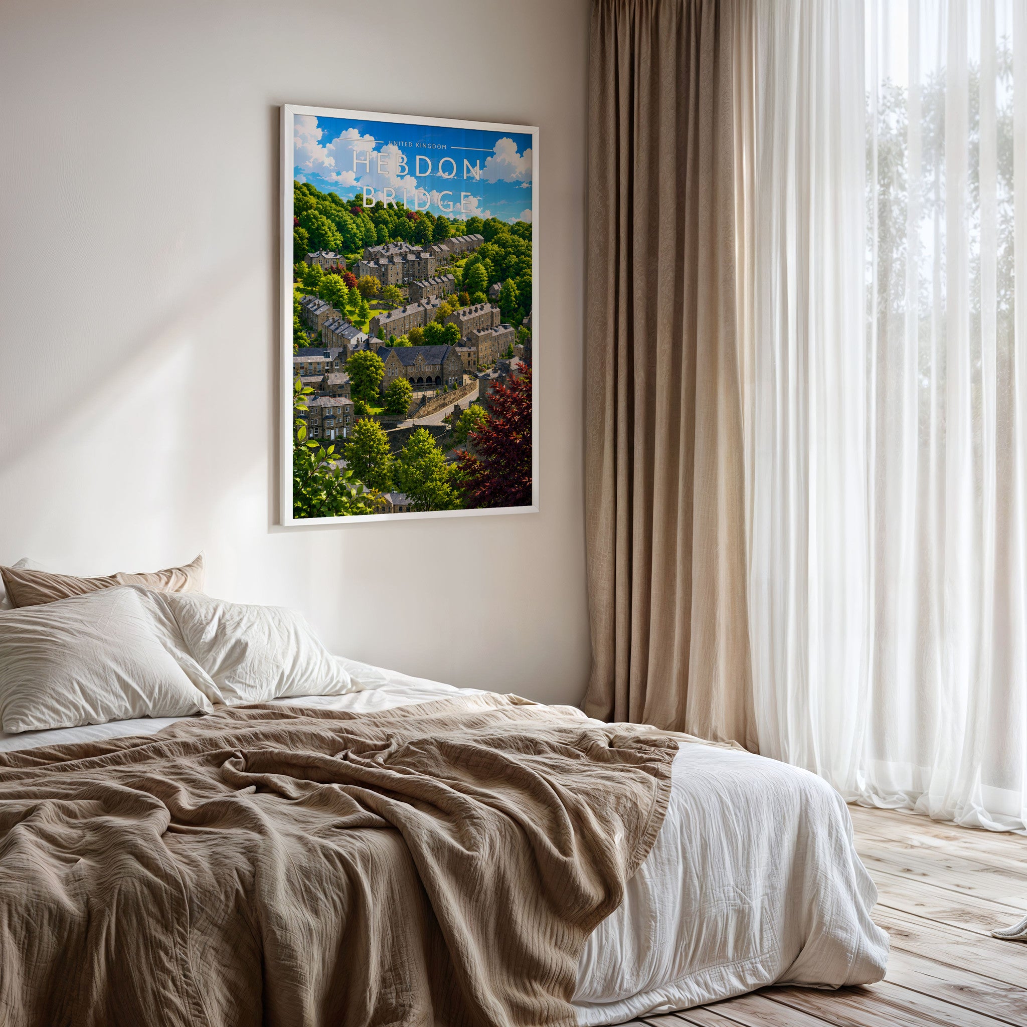 Hebden Bridge Travel Poster framed on a bedroom wall