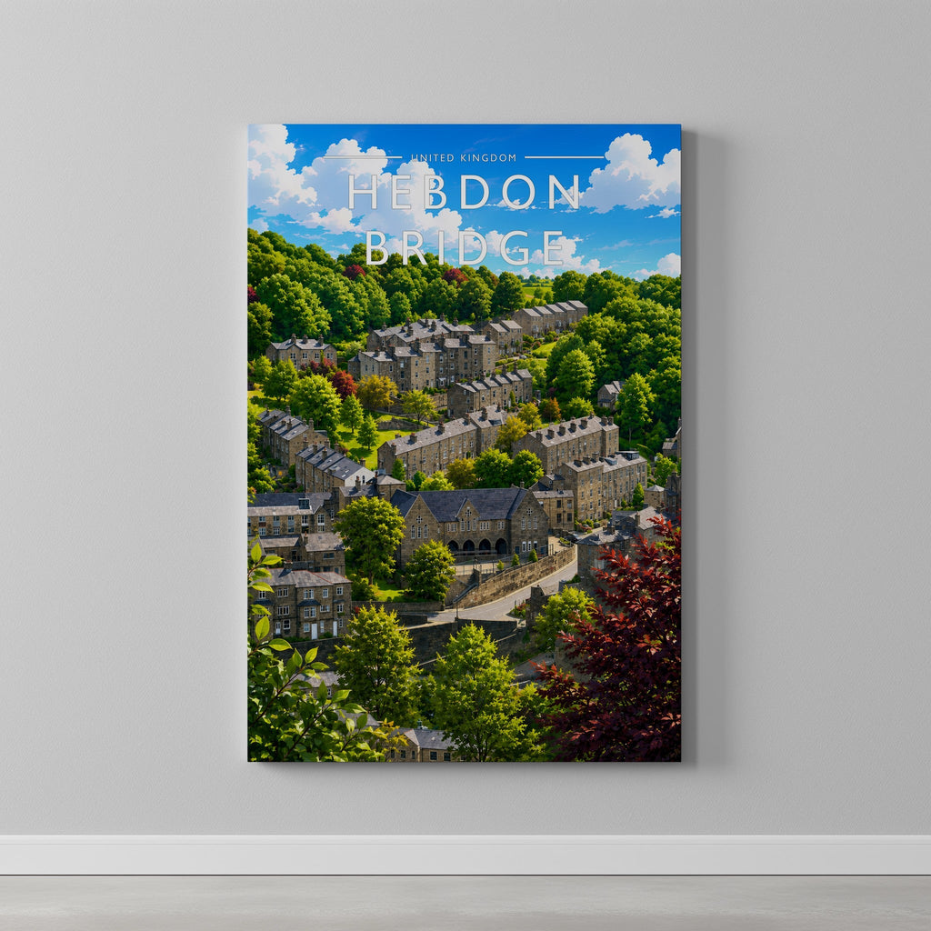Hebden Bridge Travel Poster as a gallery-wrapped canvas on a plain wall