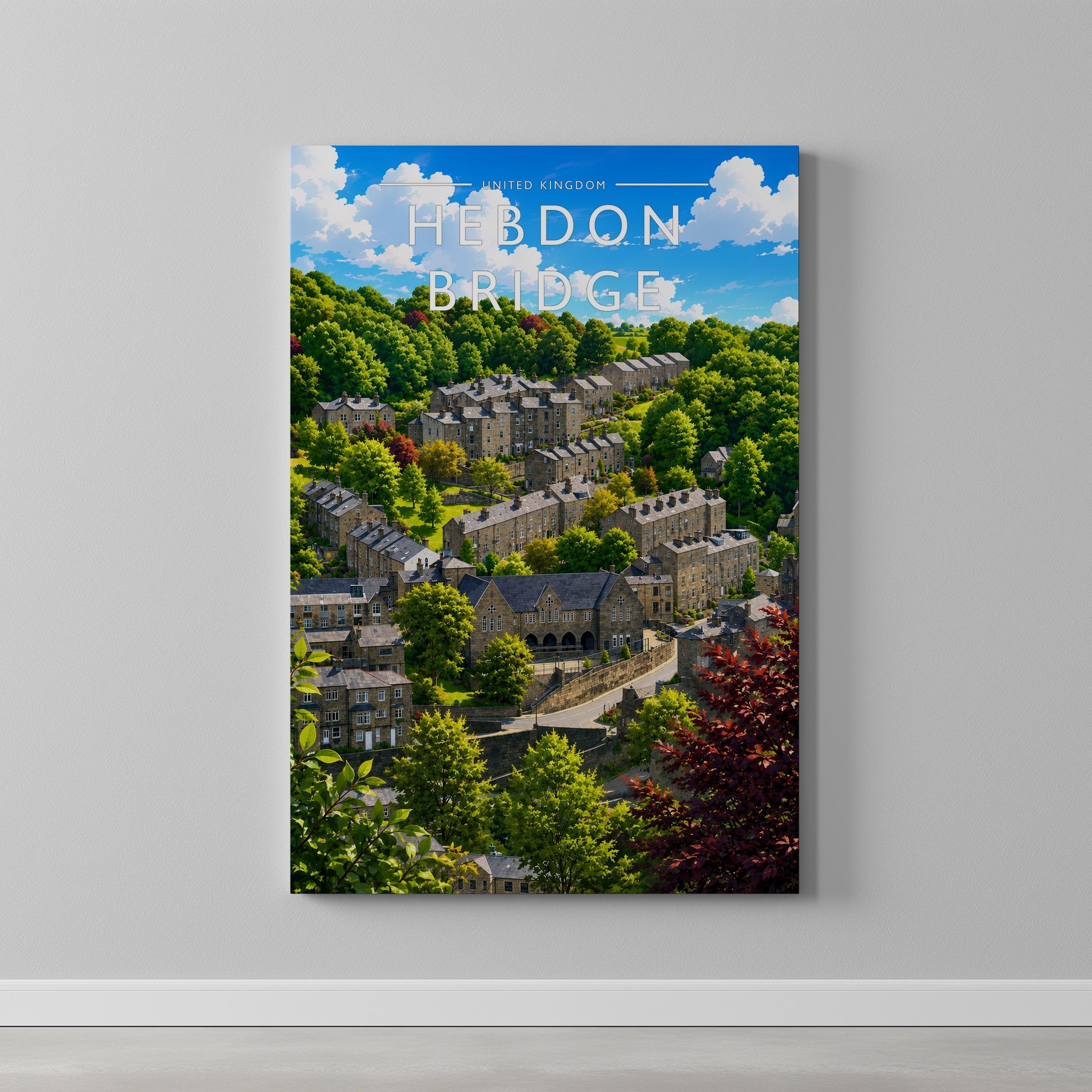Hebden Bridge Travel Poster as a gallery-wrapped canvas on a plain wall