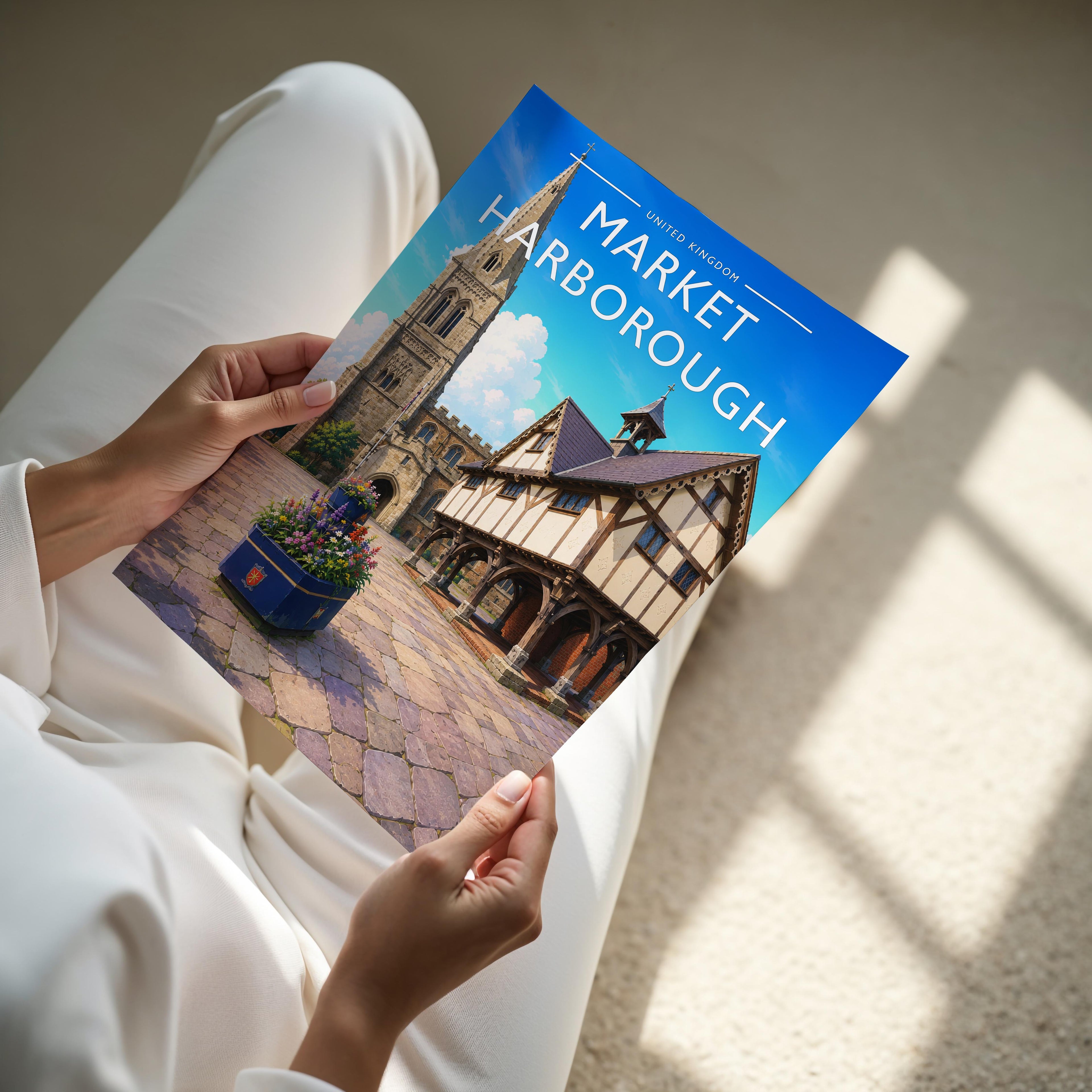 Market Harborough Travel Poster - A4 print held in hand