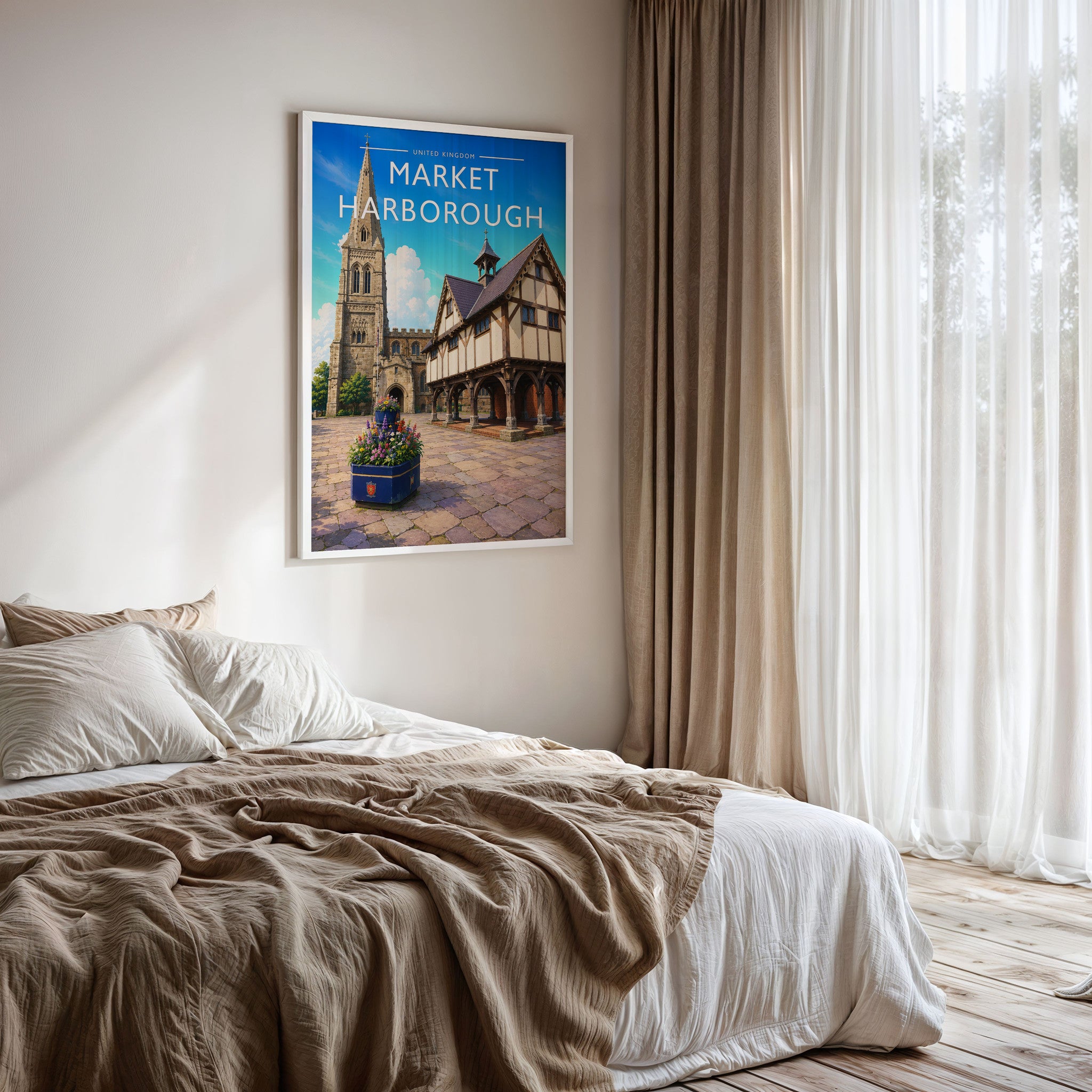Market Harborough Travel Poster framed on a bedroom wall