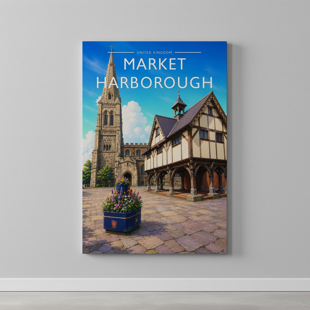 Market Harborough Travel Poster as a gallery-wrapped canvas on a plain wall