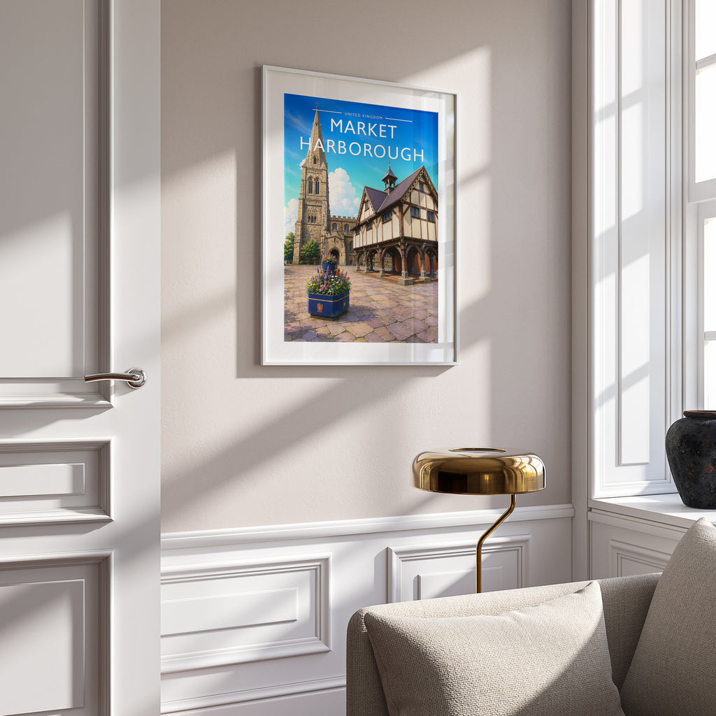 Market Harborough Travel Poster in a white frame on a panelled wall