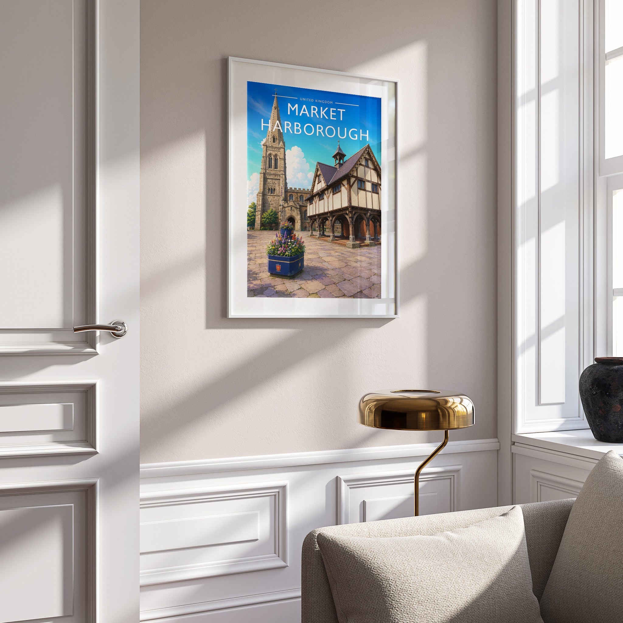 Market Harborough Travel Poster in a white frame on a panelled wall