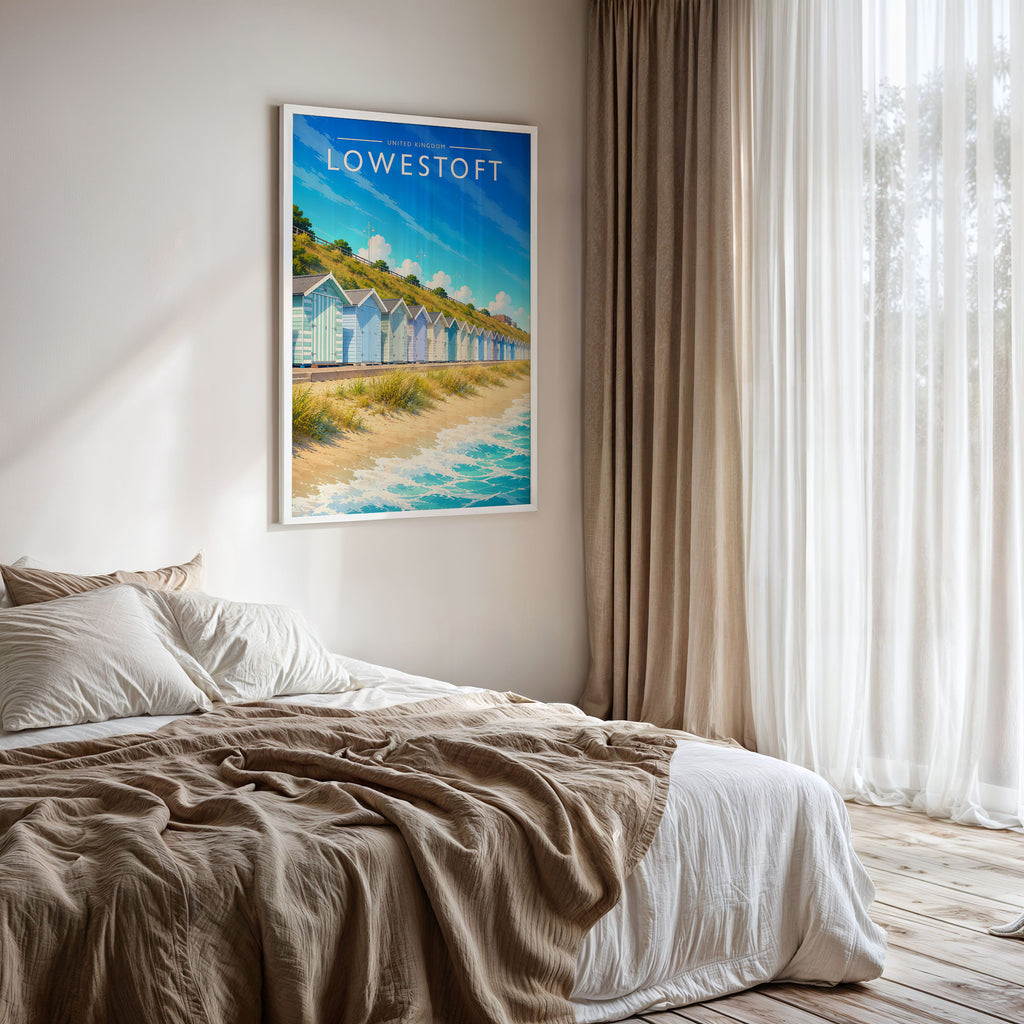 Lowestoft Travel Poster framed on a bedroom wall