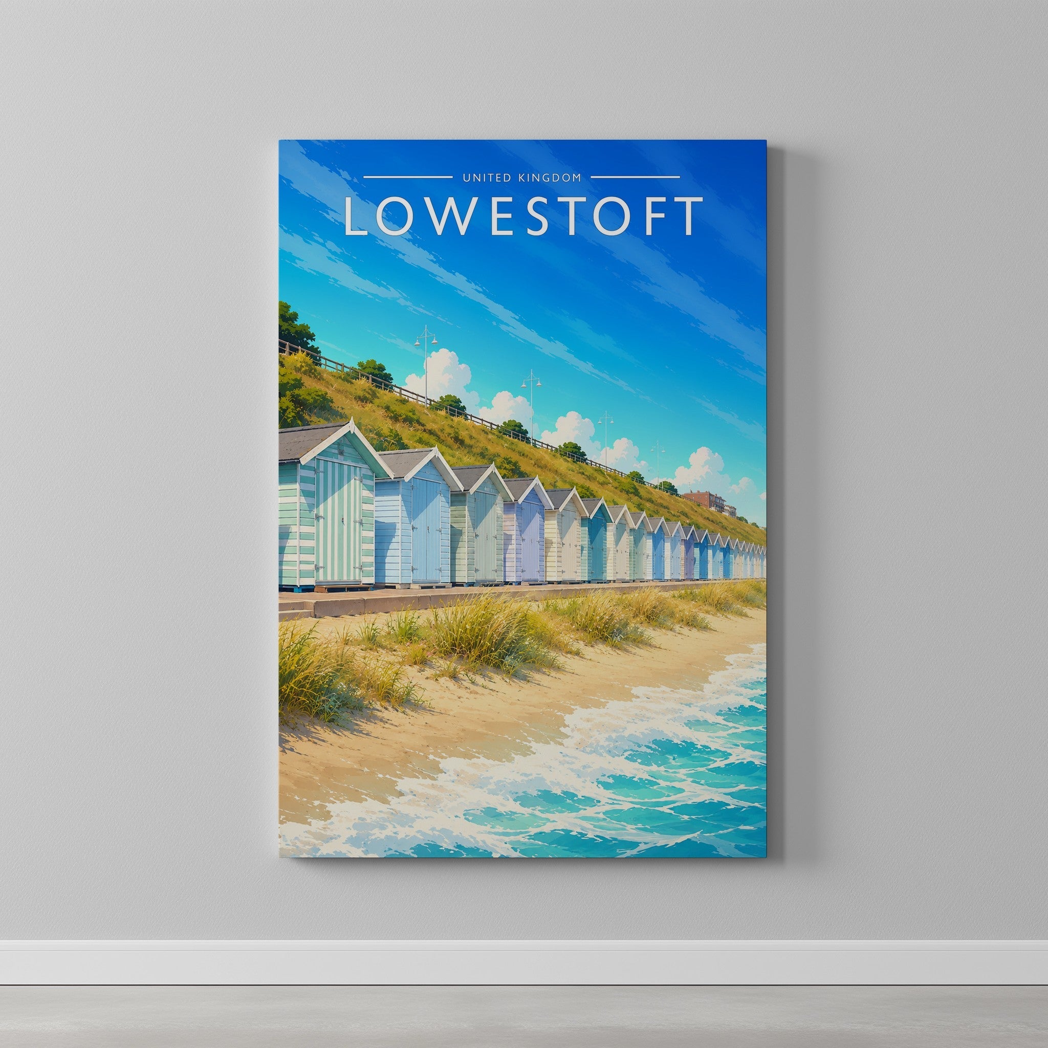 Lowestoft Travel Poster as a gallery-wrapped canvas on a plain wall