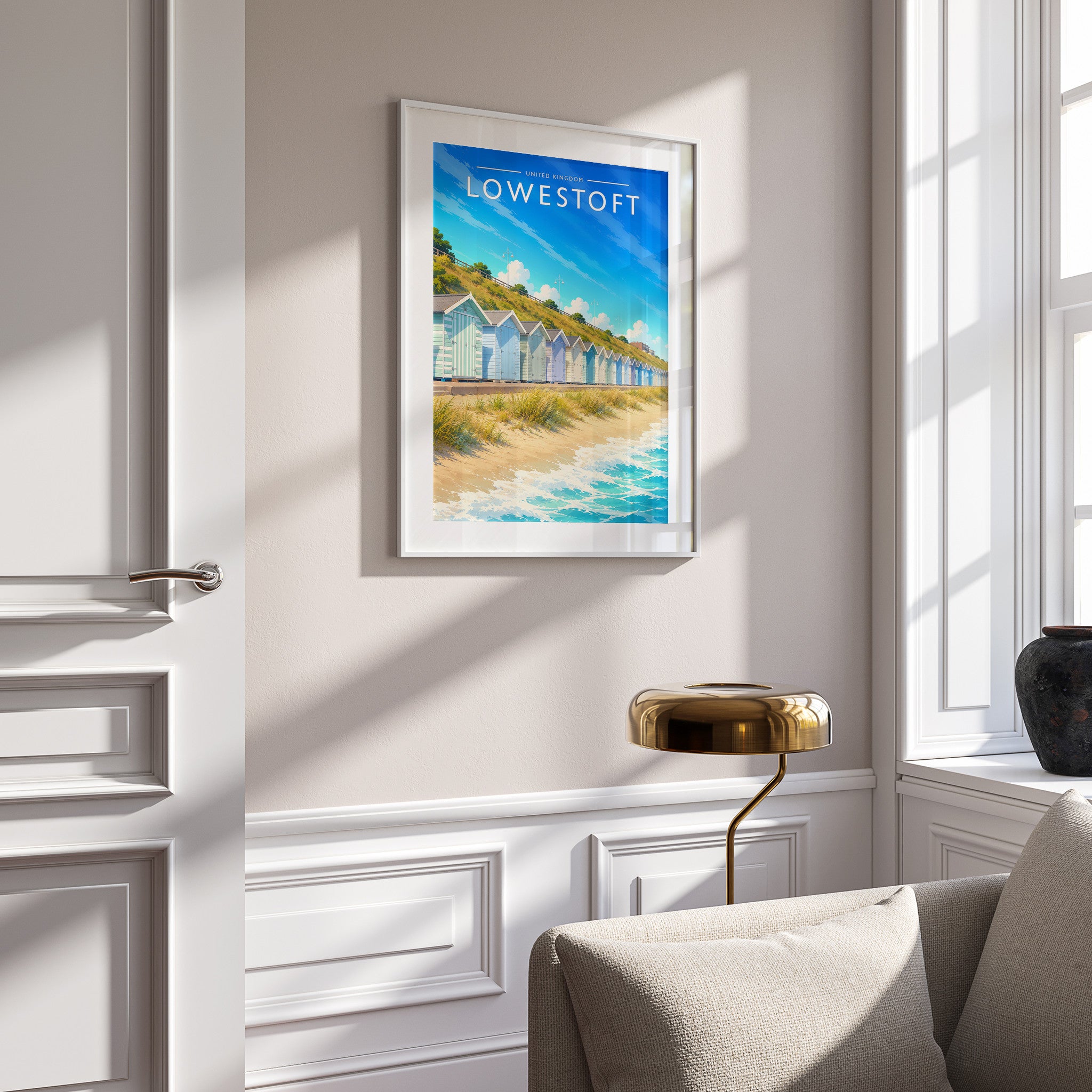 Lowestoft Travel Poster in a white frame on a panelled wall