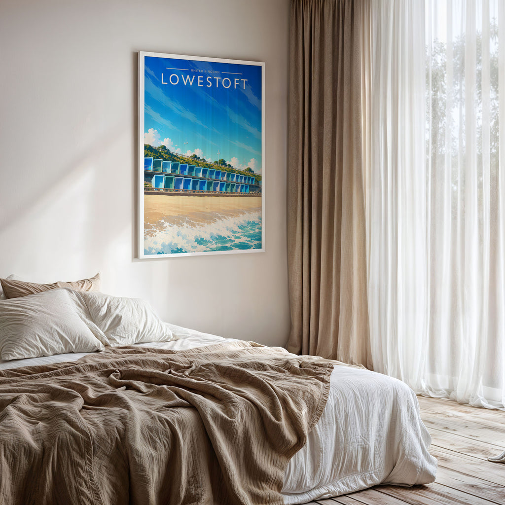 Lowestoft #2 Travel Poster framed on a bedroom wall