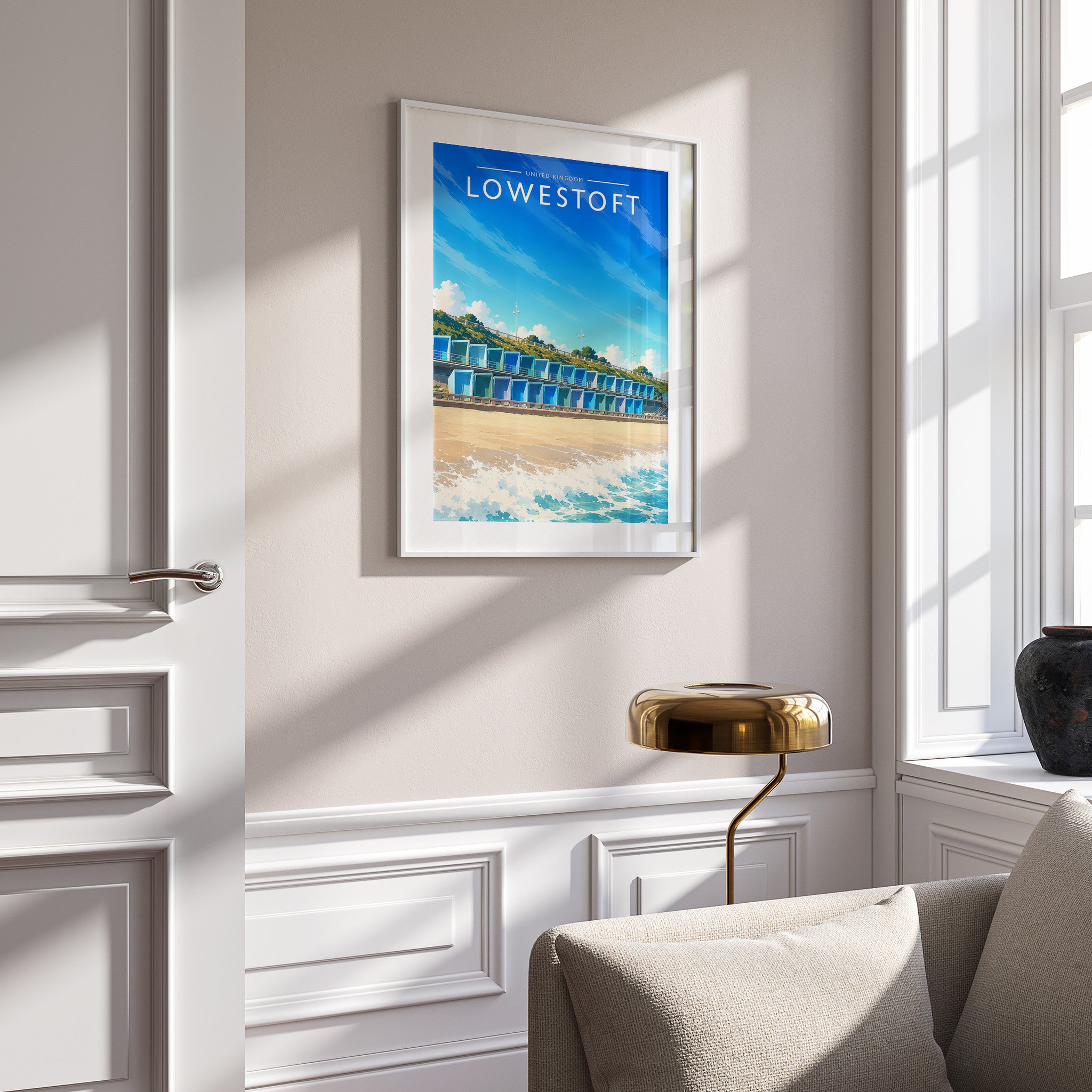 Lowestoft #2 Travel Poster in a white frame on a panelled wall